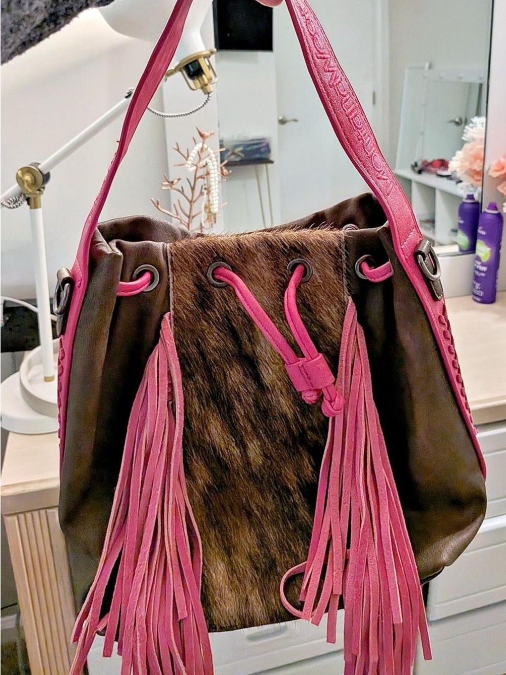 Montana West Brown Faux Fur Shoulder Bag with Pink Fringe Accents